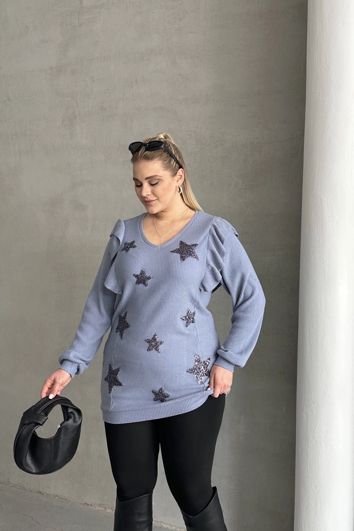 Büyük Beden Uzun Kolları Fırfırlı Yıldız Desen İşlemeli Bluz 301234