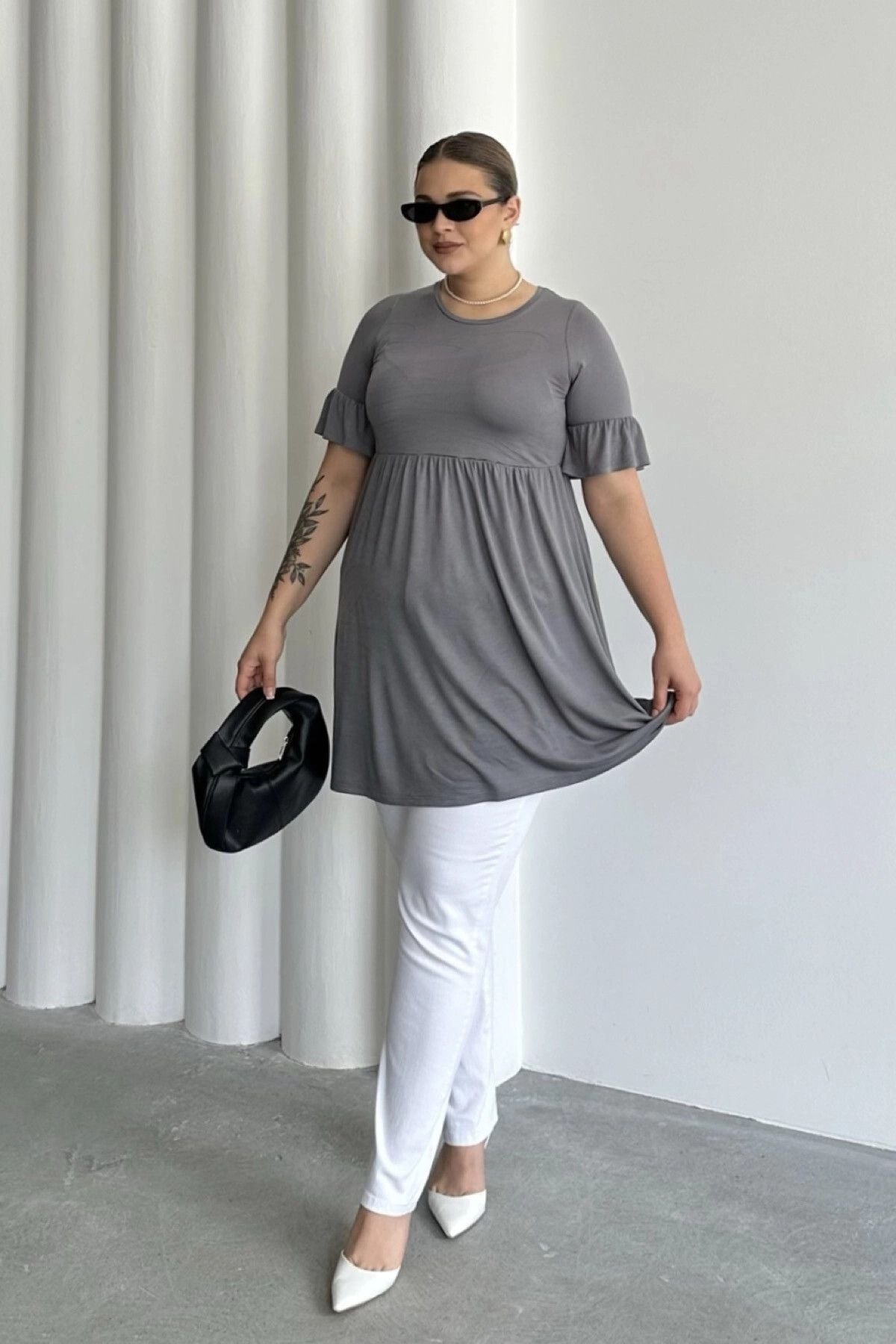 Büyük Beden Kol Detaylı Beli Lastikli Pileli Tunik T-shirt T43