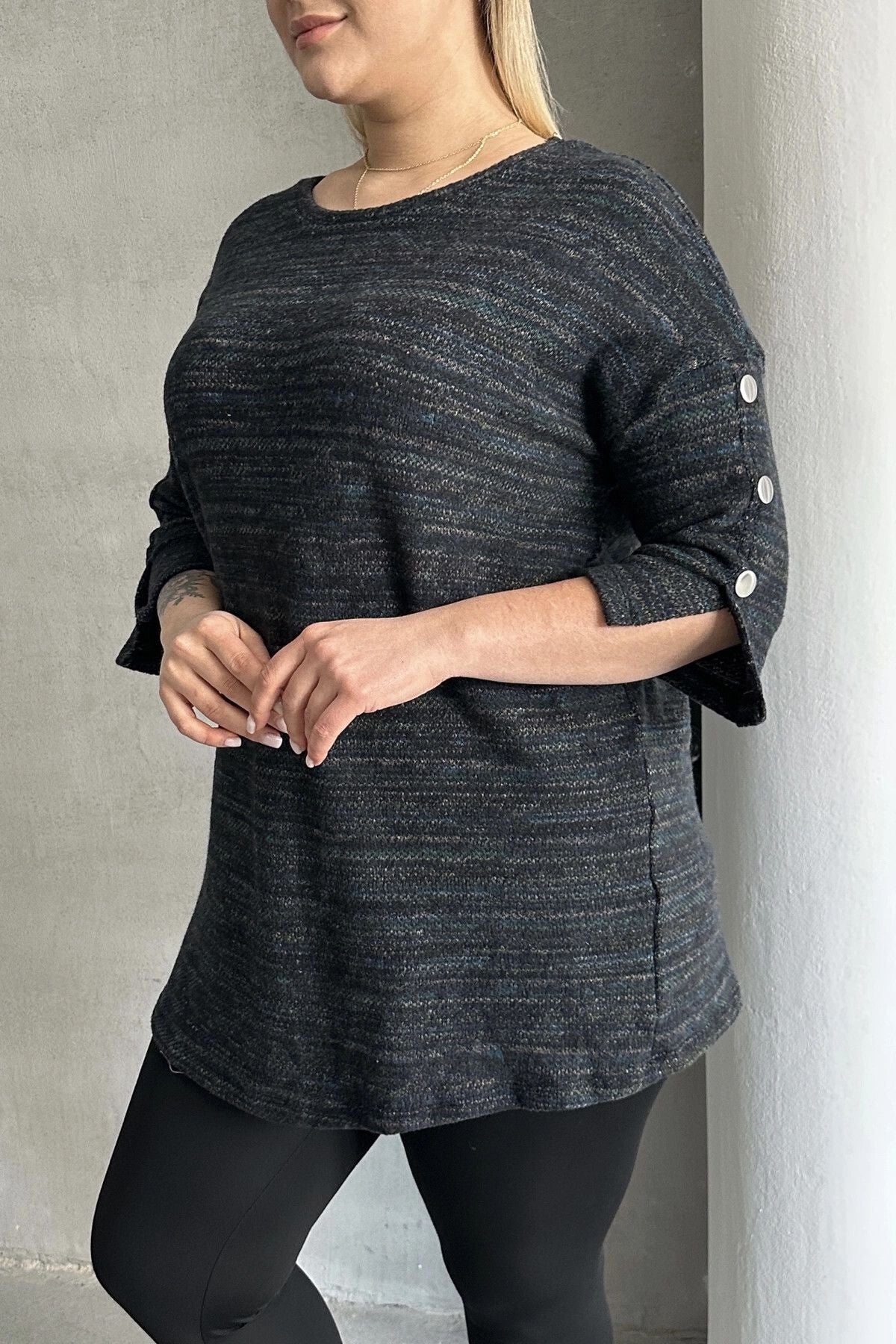 Büyük Beden Yarım Kollu Bisiklet Yaka Düğme Detaylı Kırçıllı Kazak 303691