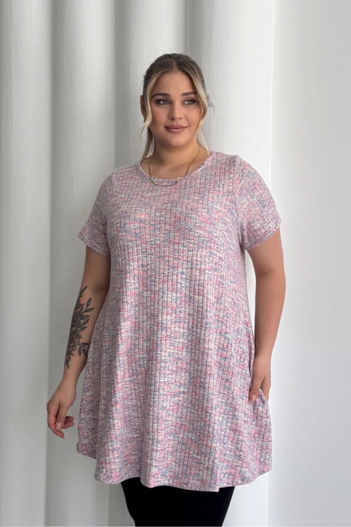 Büyük Beden Bisiklet Yaka Kısa Kollu Fitilli Kırçıllı Bluz 101-29