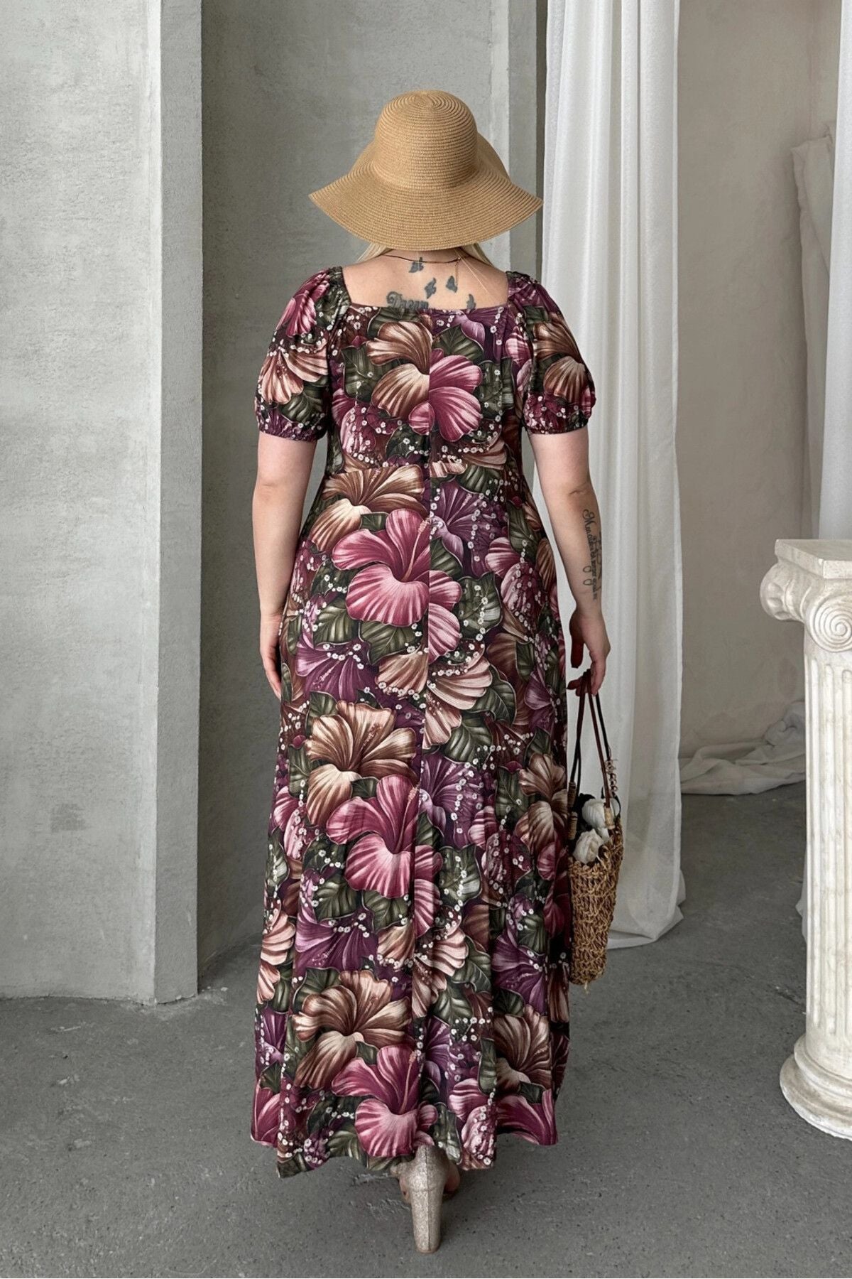 Büyük Beden Kısa Kollu Prenses Yaka Çiçek Desenli Maxi Elbise 74-80