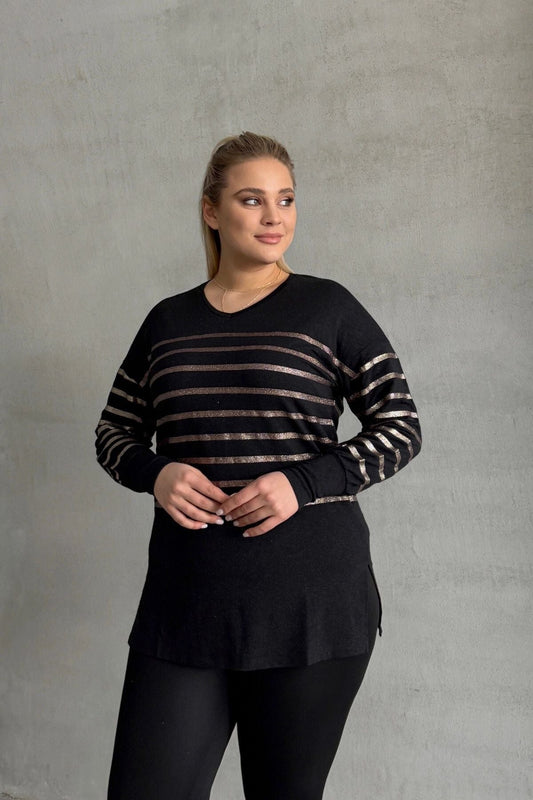 Büyük Beden Uzun Kollu V Yaka Bilekleri Lastikli Bluz 302910