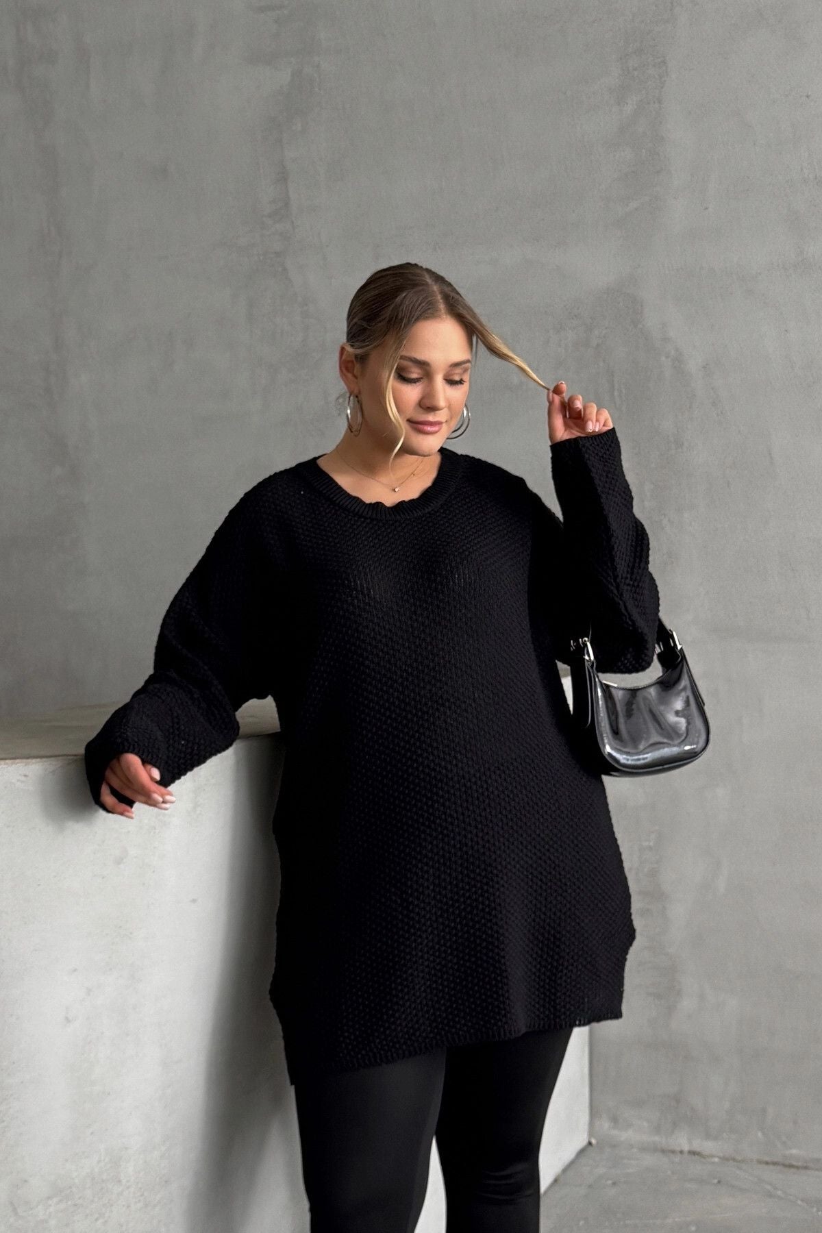 Büyük Beden Uzun Kollu Bisiklet Yaka İnce Triko Kazak 302141