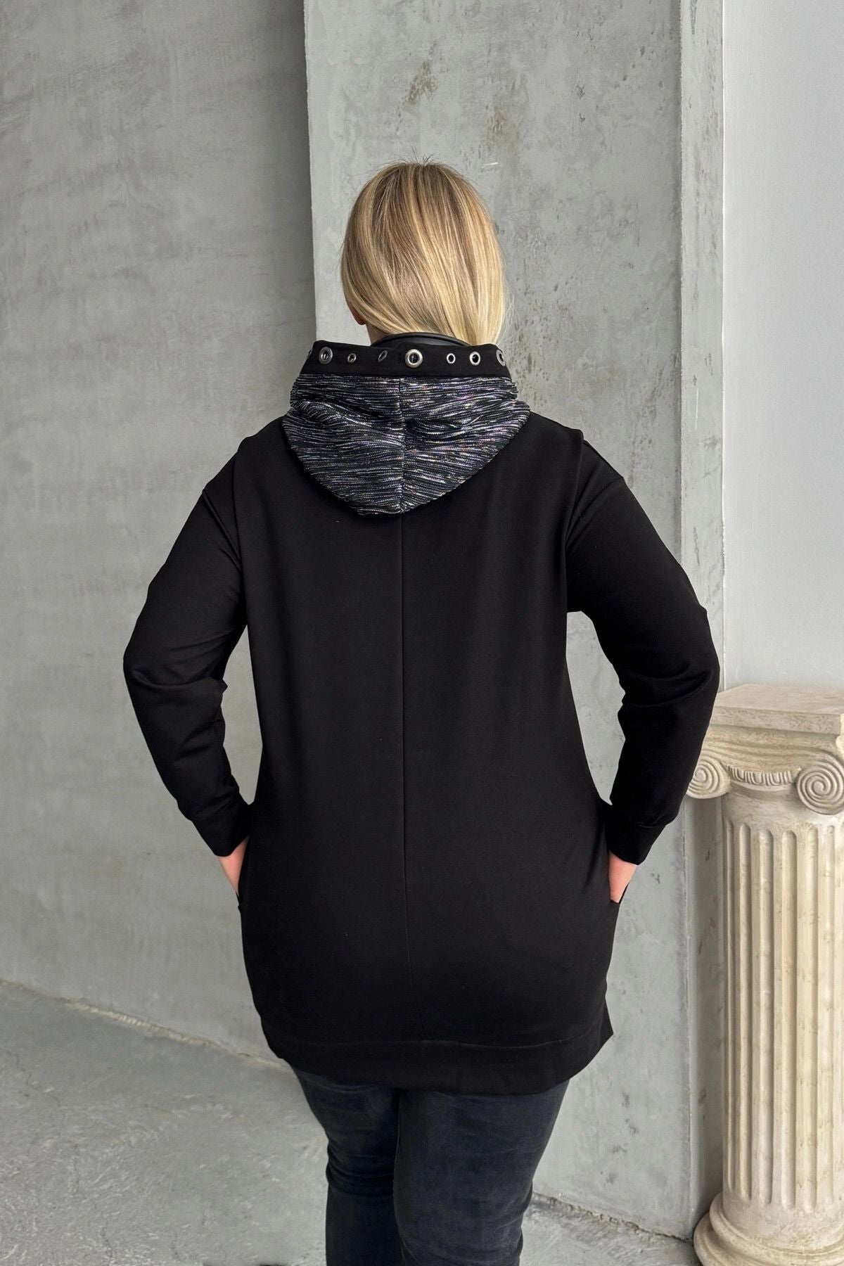 Büyük Beden Uzun Kollu Kapüşonu Desenli Cepli Sweatshirt 106-92