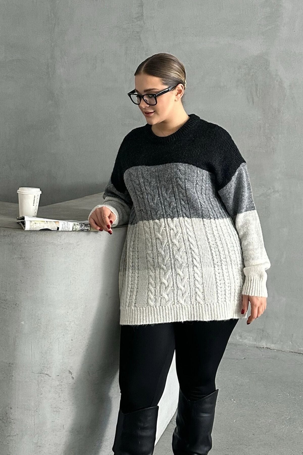 Büyük Beden Uzun Kollu Bisiklet Yaka Renk Bloklu Triko Kazak DG-04