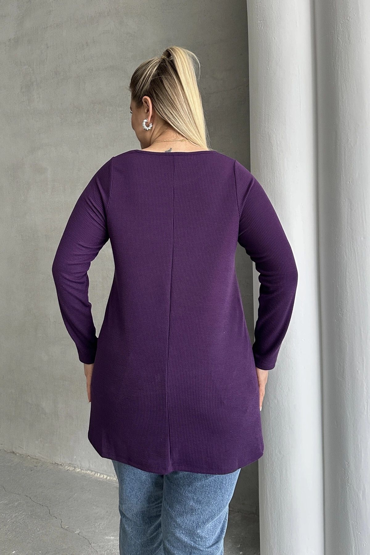 Büyük Beden Uzun Kollu Bisiklet Yaka Fitilli Bluz 100-123