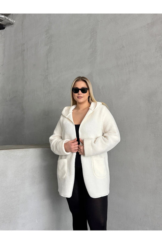 Büyük Beden Önü Kapamasız Cepli Kapüşonlu İnce Peluş Ceket 301256