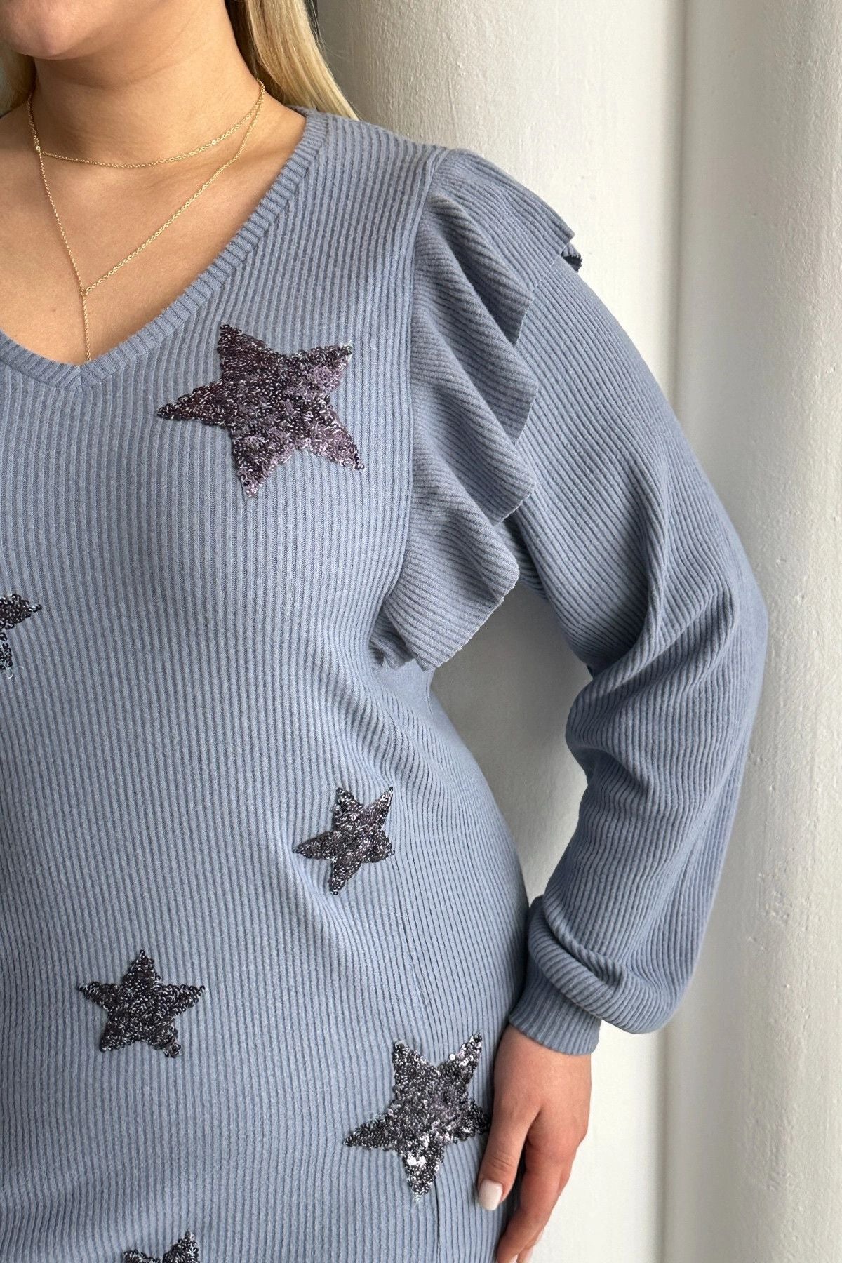 Büyük Beden Uzun Kolları Fırfırlı Yıldız Desen İşlemeli Bluz 301234