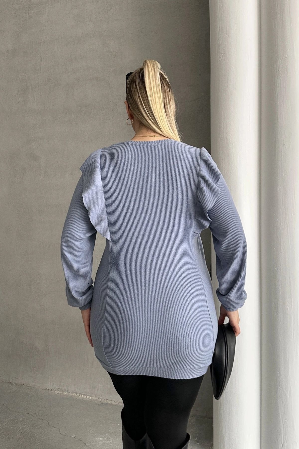 Büyük Beden Uzun Kolları Fırfırlı Yıldız Desen İşlemeli Bluz 301234