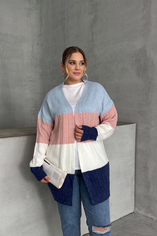 Büyük Beden Uzun Kollu Önü Kapamasız Renk Bloklu Triko Hırka 302147