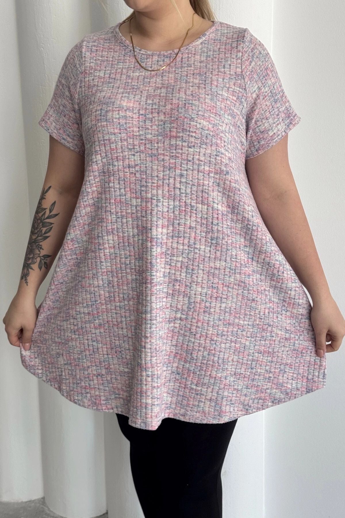 Büyük Beden Bisiklet Yaka Kısa Kollu Fitilli Kırçıllı Bluz 101-29