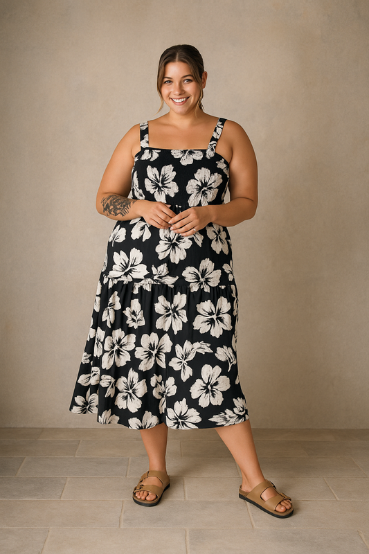 Büyük Beden Çiçek Desenli Kalın Askılı Beli Lastikli Elbise T-79