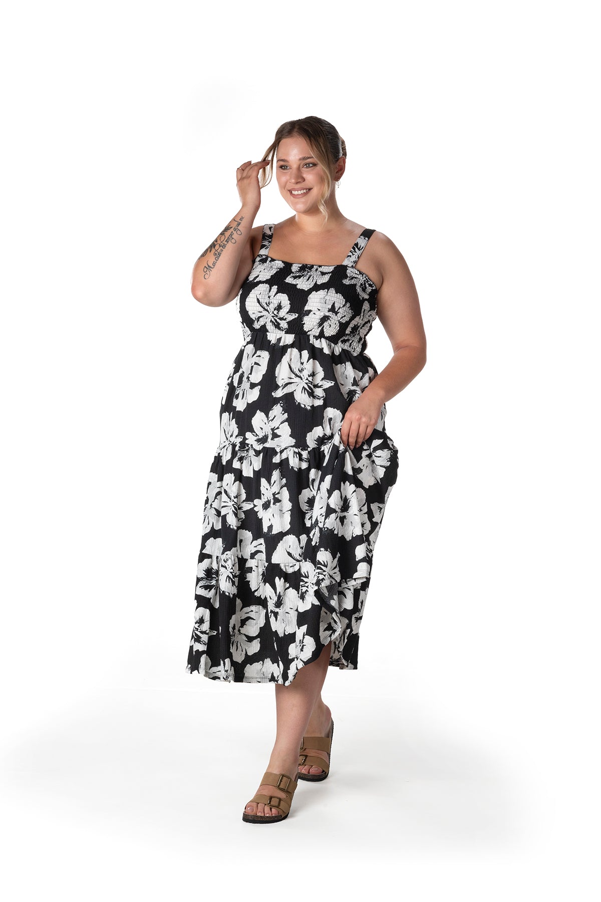 Büyük Beden Çiçek Desenli Kalın Askılı Beli Lastikli Elbise T-79