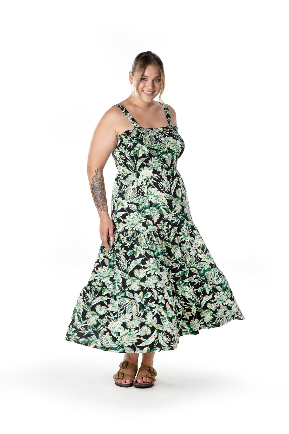 Büyük Beden Çiçek Desenli Kalın Askılı Beli Lastikli Elbise T-82