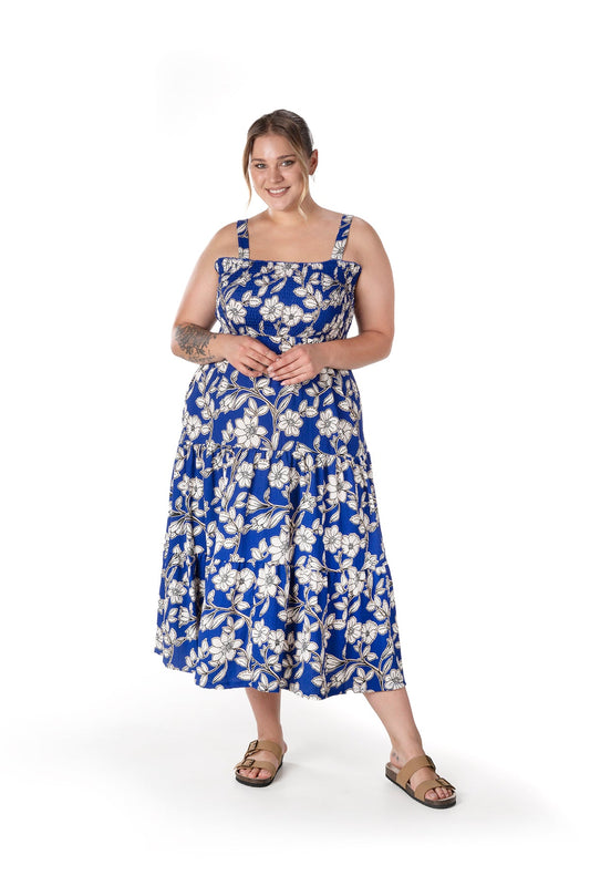 Büyük Beden Çiçek Desenli Kalın Askılı Beli Lastikli Elbise T-80