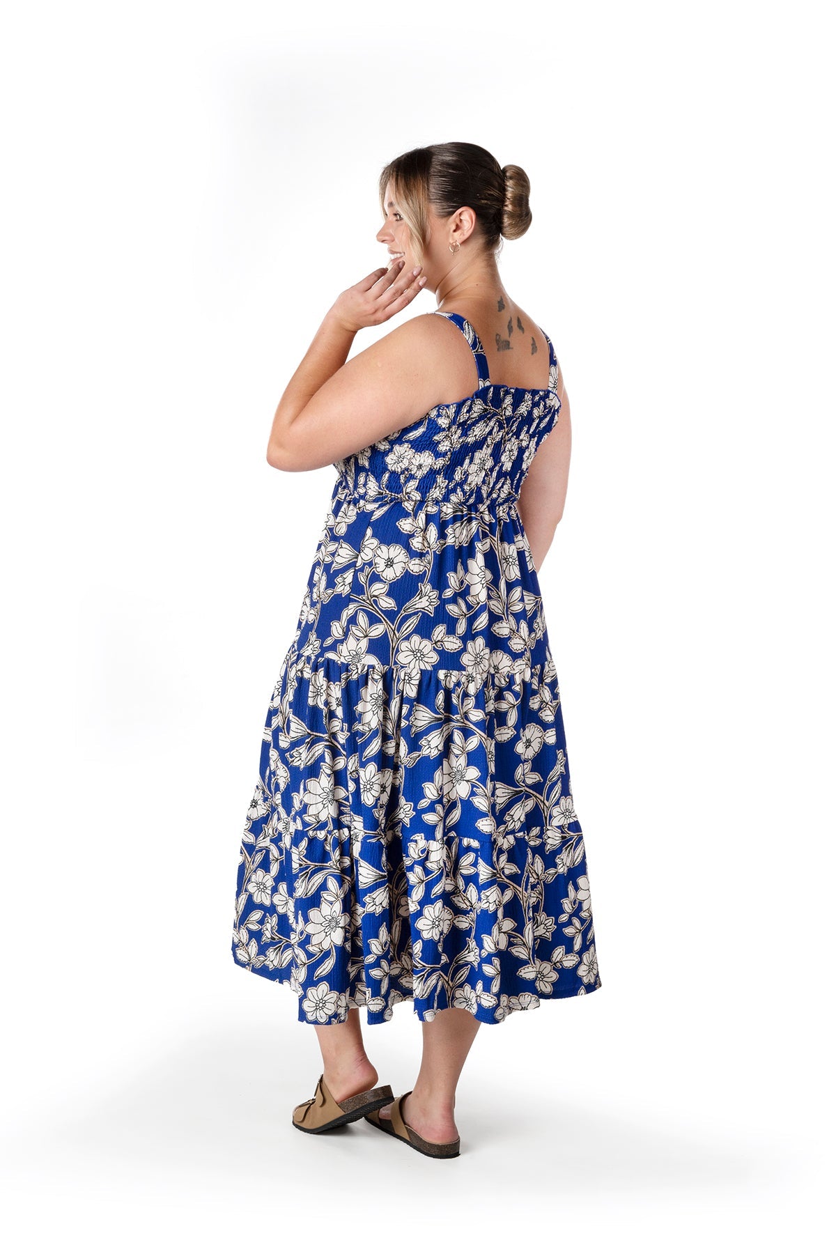 Büyük Beden Çiçek Desenli Kalın Askılı Beli Lastikli Elbise T-80