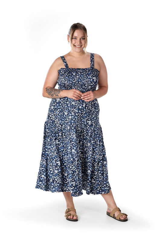 Büyük Beden Çiçek Desenli Kalın Askılı Beli Lastikli Elbise T-84