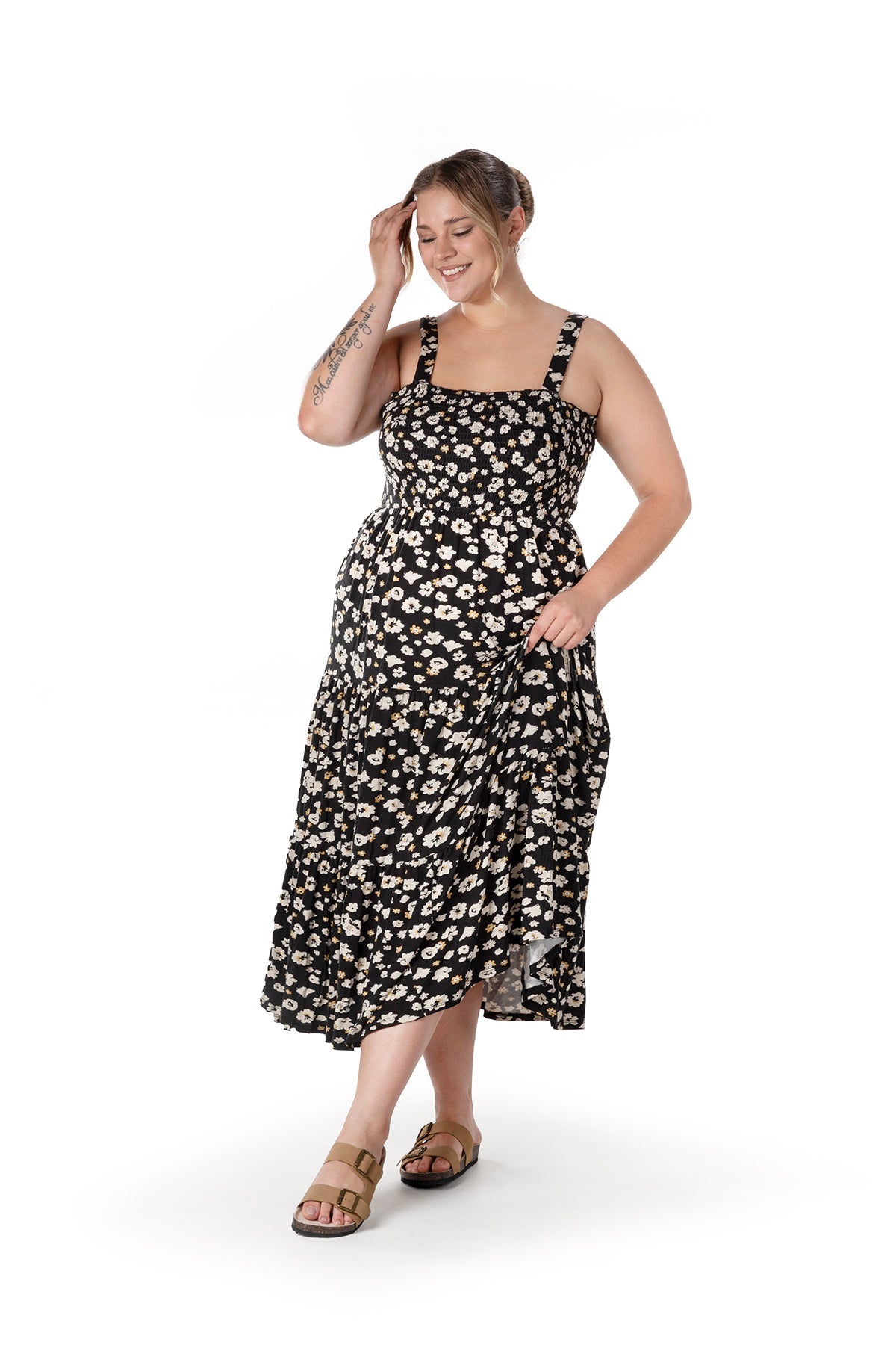 Büyük Beden Çiçek Desenli Kalın Askılı Beli Lastikli Elbise T-83