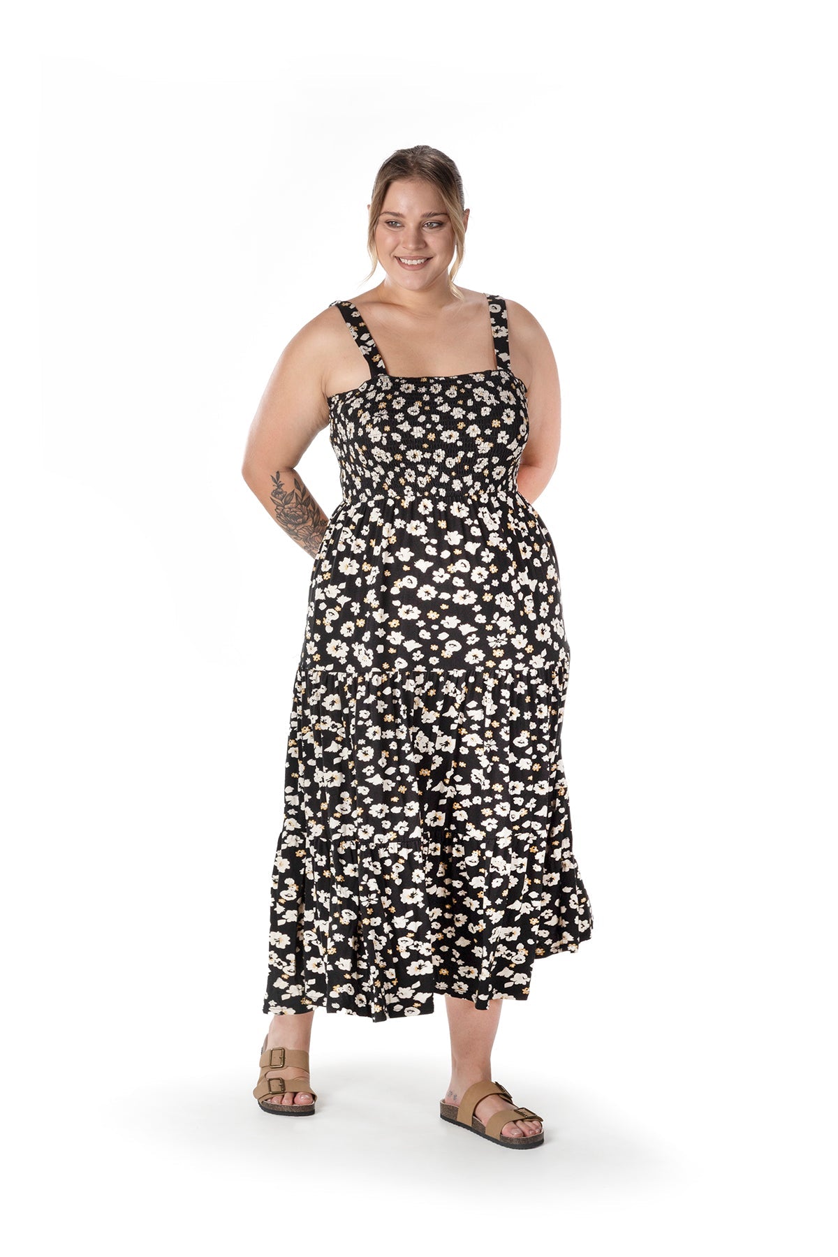 Büyük Beden Çiçek Desenli Kalın Askılı Beli Lastikli Elbise T-83