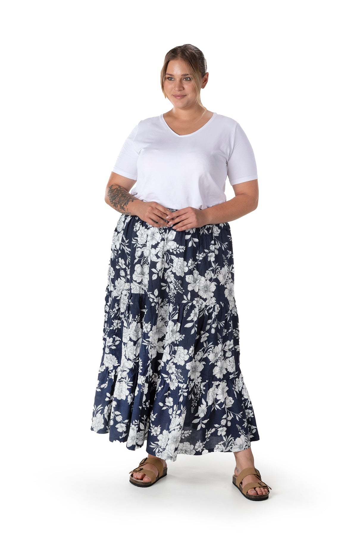 Büyük Beden Çiçek Desenli Beli Listekli Bileli Uzun Etek T-14