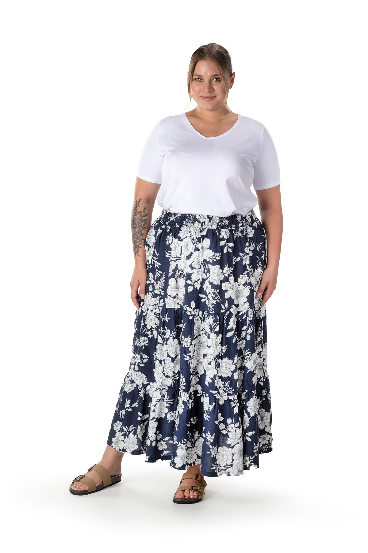 Büyük Beden Çiçek Desenli Beli Listekli Bileli Uzun Etek T-14